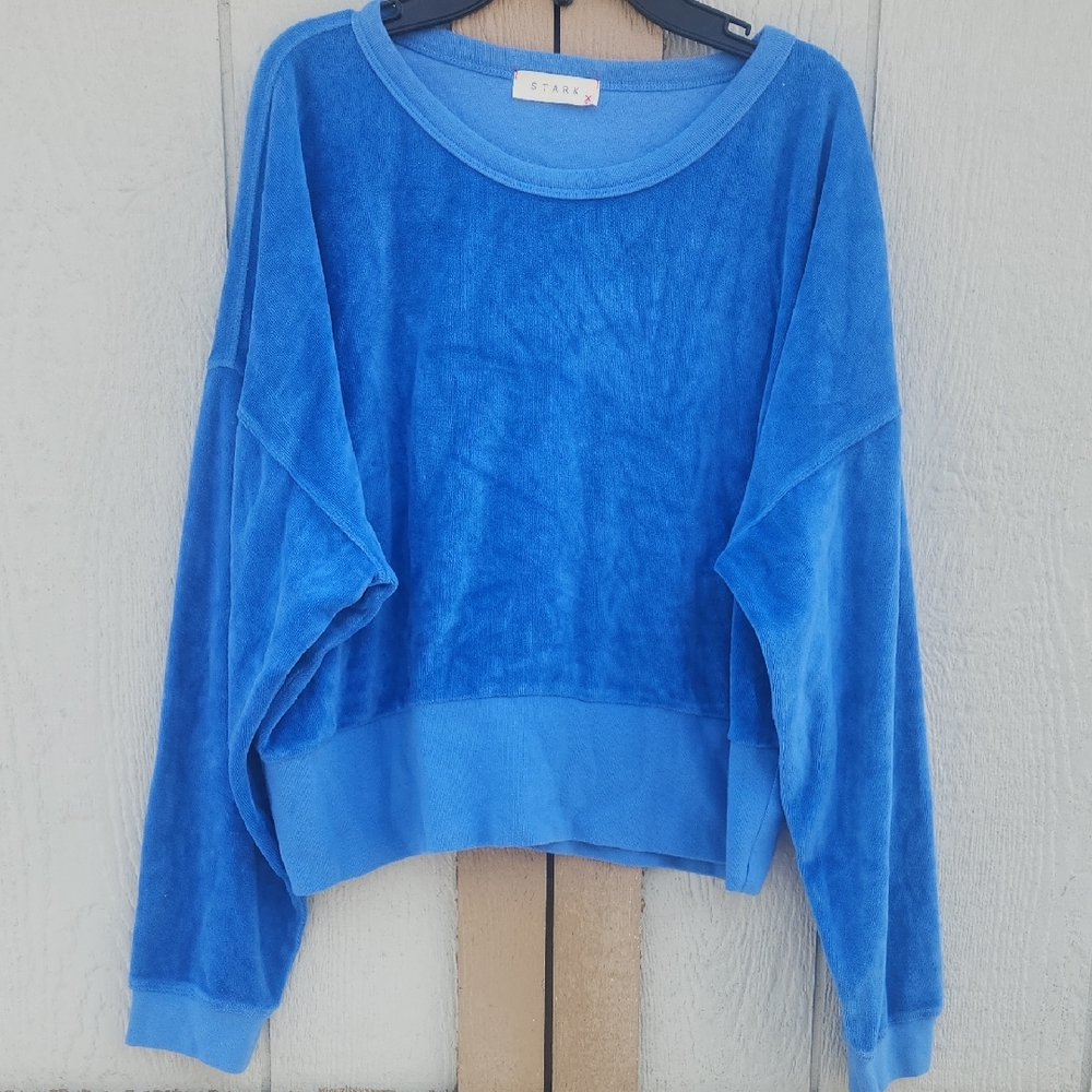 Stark X Ocean Blue Velour Sweatshirt Boxy Sporty Quiet Luxury Medium‎ Boho Cozy